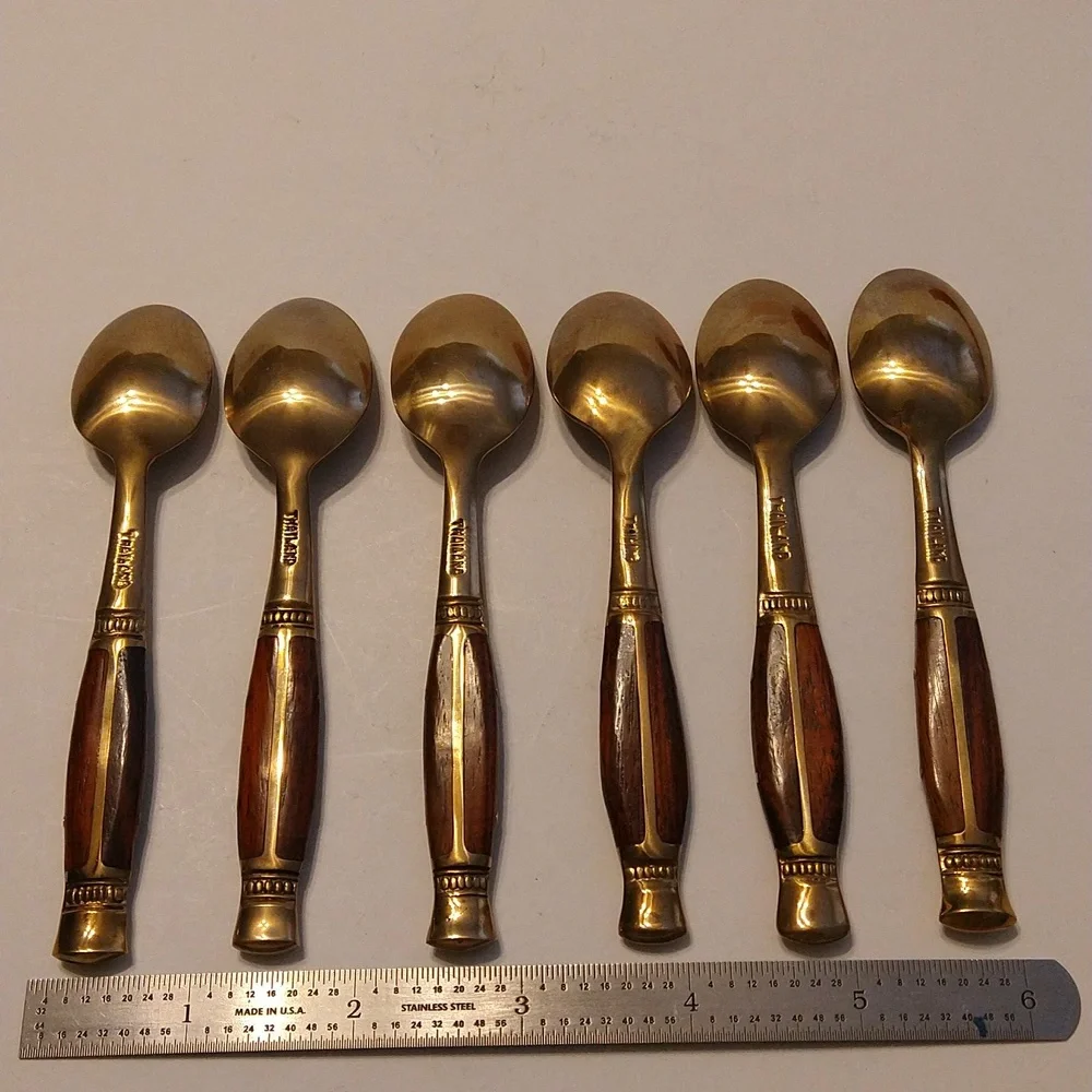 6 Vintage Brass and Rosewood Demitasse Spoons in Original Red Velvet case